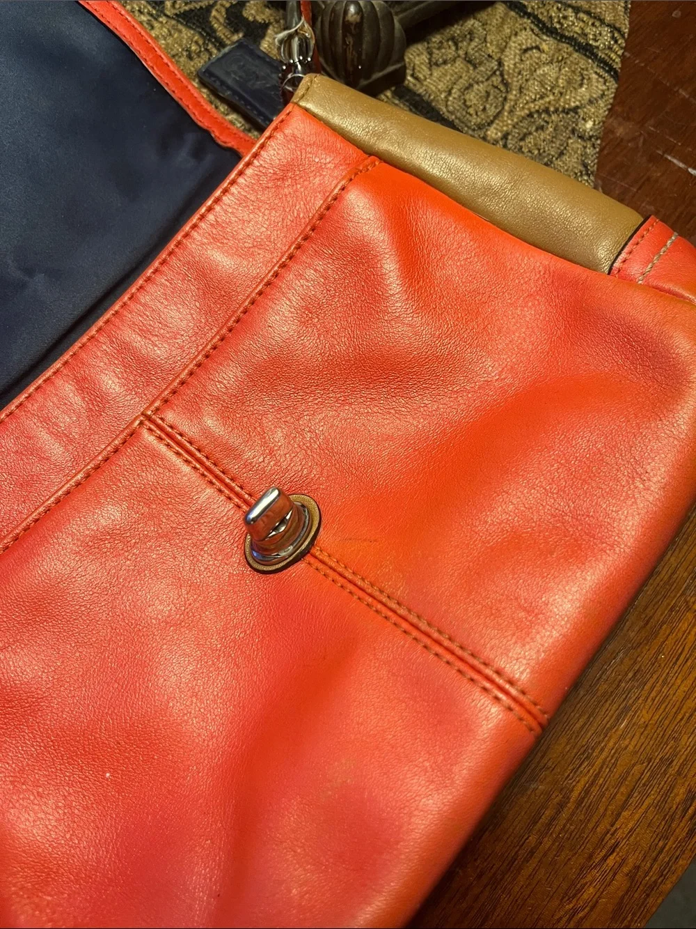 Vintage Coach Colorblock Navy and Coral Crossbody with Tan Sides